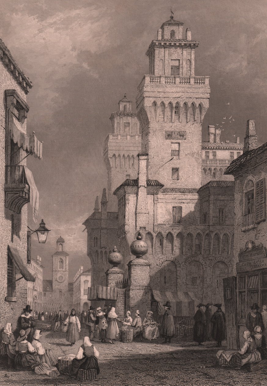 Vy över Castello Estense, Ferrara, Emilia-Romagna, Italien, stålgravyr av John Godfrey (ca 1817-1889) efter ritning av Samuel Prout (1783-1852), ca 26x17 cm, utgiven av Blackie and Son av Samuel Prout