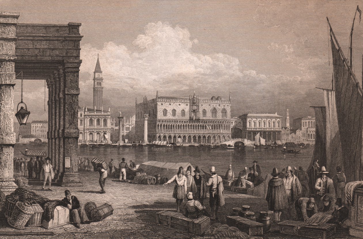 Vy över Markusbassängen i Venedig, Veneto, Italien, stålstick efter teckning av Samuel Prout (1783-1852), cirka 15x11,5 cm av Samuel Prout