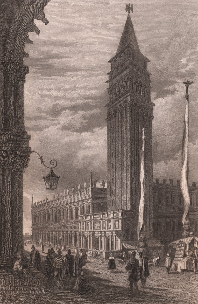 Vy över Markus klocktorn i Venedig, Veneto, Italien, stålstick efter teckning av Samuel Prout (1783-1852), cirka 15x11,5 cm av Samuel Prout