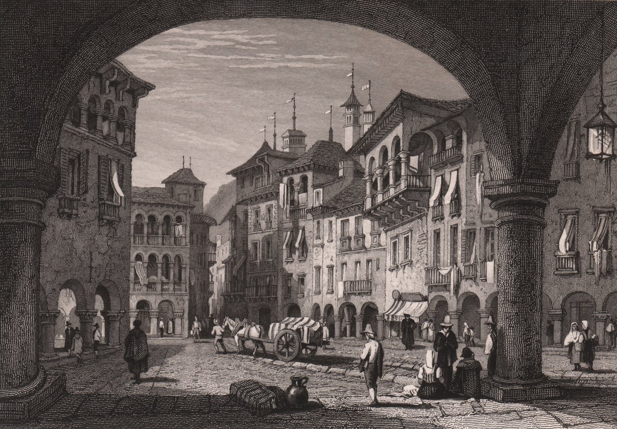 Utsikt över torget i Domodossola, Piemonte, Italien, stålgravyr från en teckning av Samuel Prout (1783-1852), ca 16x11 cm av Samuel Prout