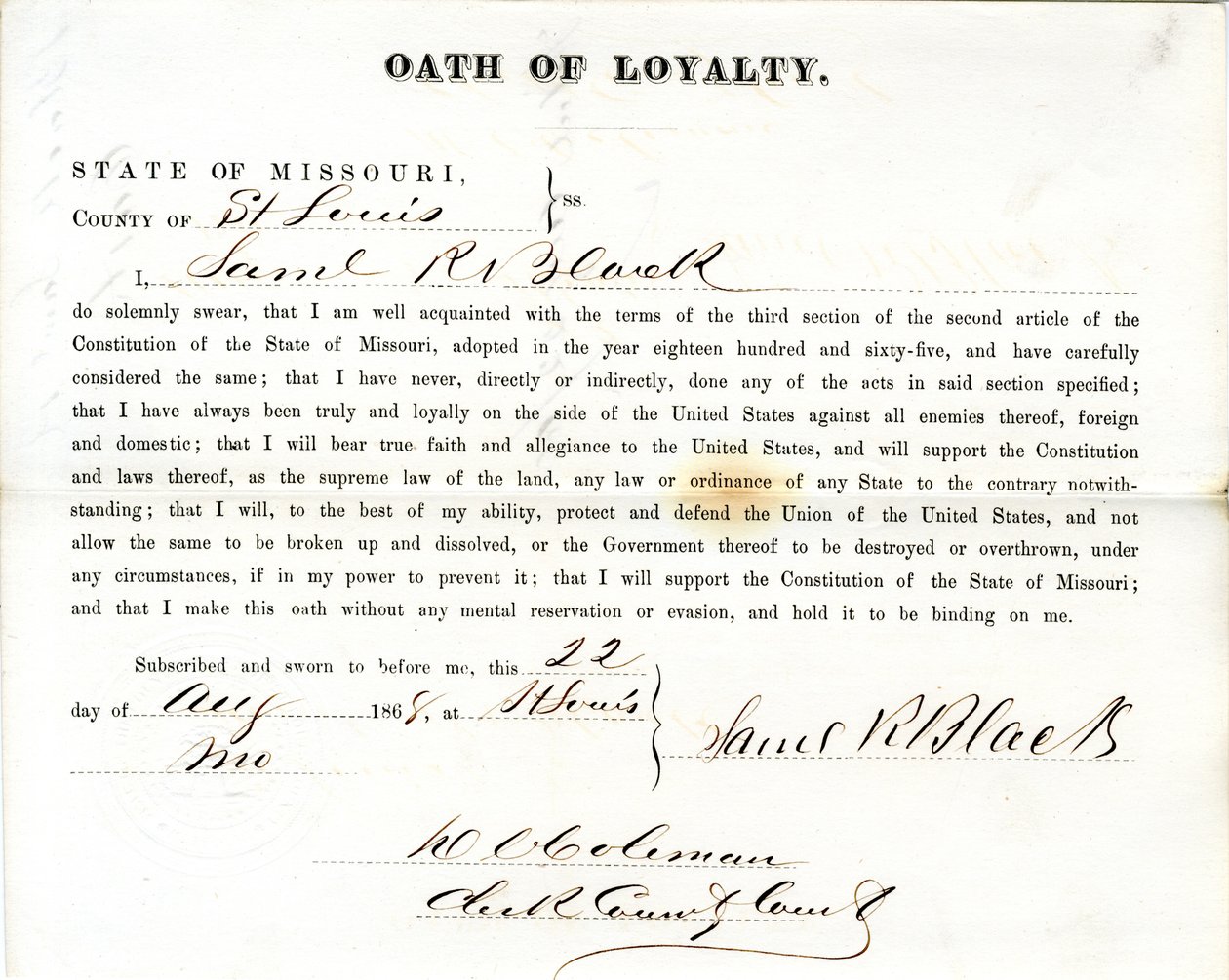 Loyalty oath of Samuel R. Black of Missouri, County of St. Louis av Samuel R. Black