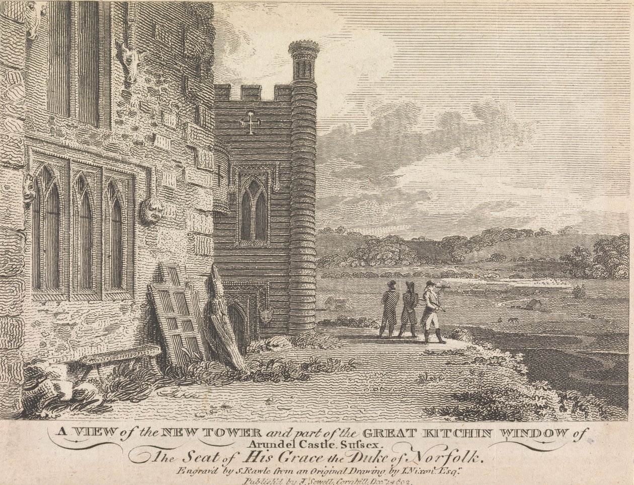 En vy av det nya tornet och en del av det stora Kitchin-fönstret i Arundel Castle, Sussex (utgiven av J. Sewell); sida 13 (volym ett) av Samuel Rawle