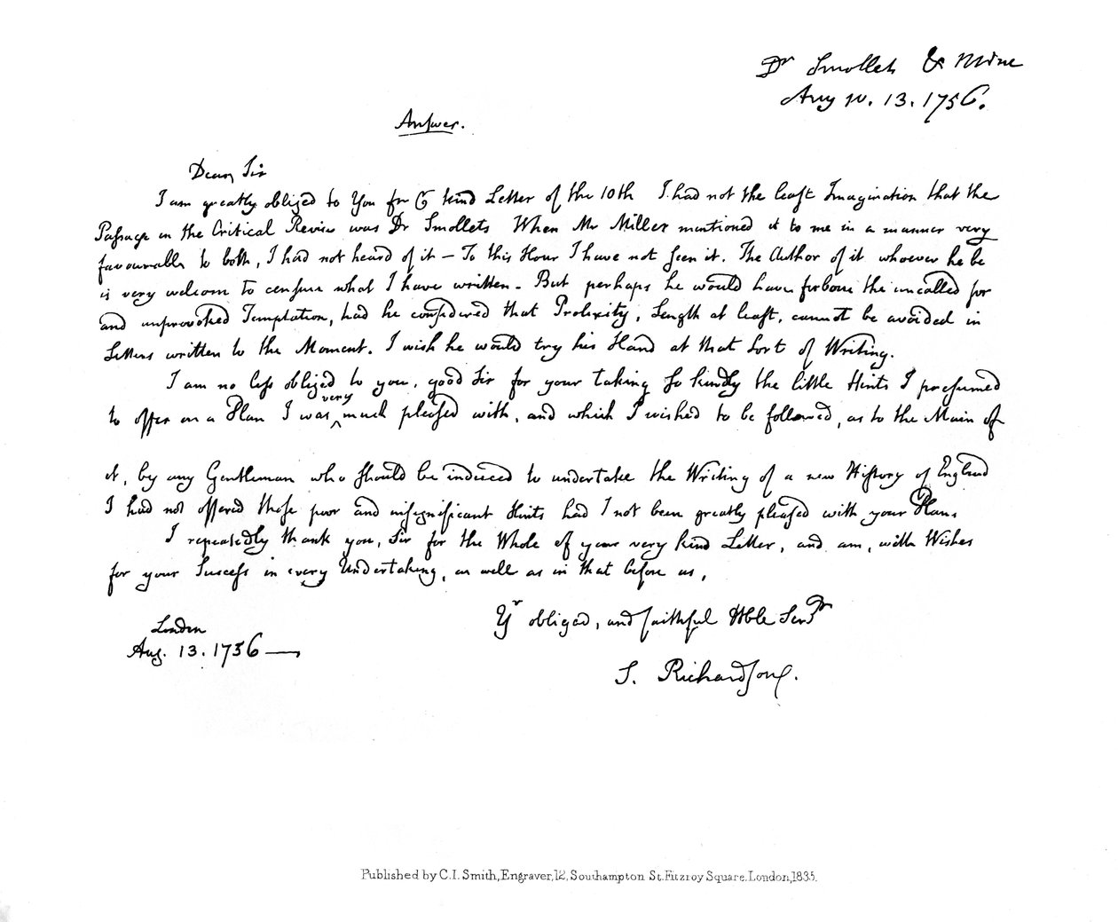 Ett brev från Samuel Richardson till Dr Smollett, 1756, 1840 av Samuel Richardson
