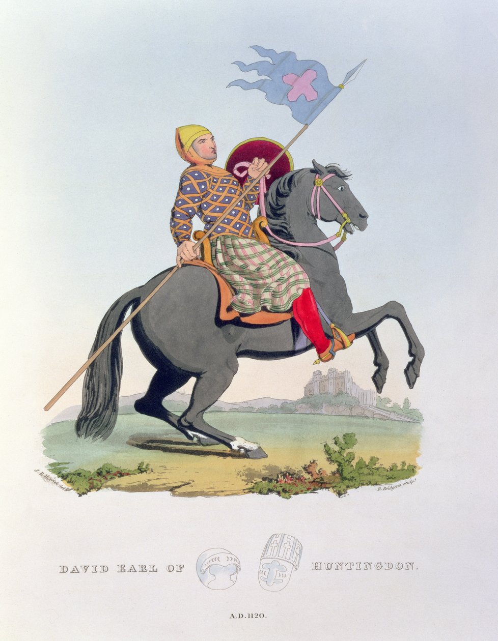 David, Earl of Huntingdon (1084-1153) 1120, graverad av Richard. H. Bridgens (fl.1824-38) från Ancient Armour, skriven av konstnären, 1824 av Samuel Rush Meyrick