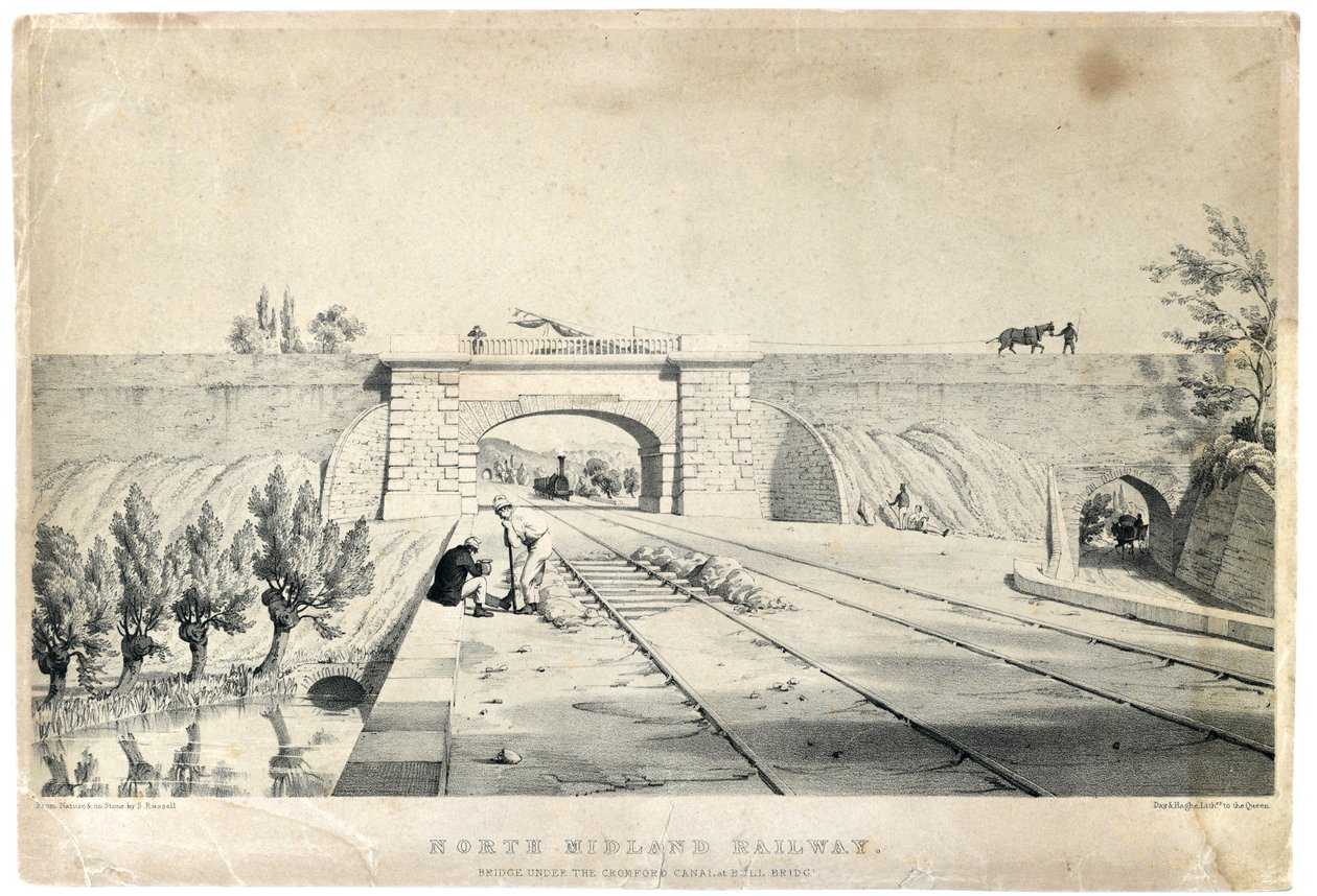 North Midland Railway Bridge under Cromford Canal vid Bull Bridge, ca 1840 (tonad litografi på papper) av Samuel Russell