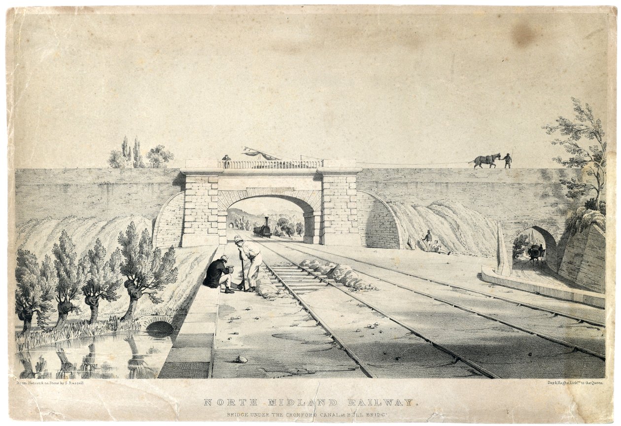 North Midland Railway Bridge under Cromford Canal vid Bull Bridge c1840 (tonad litografi på papper) av Samuel Russell