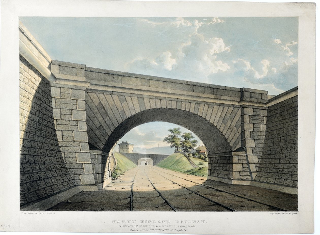 North Midland Railway. Utsikt över New Street Bridge etc i Belper, med utsikt mot söder, ca 1840 (handfärgad litografi på papper) av Samuel Russell