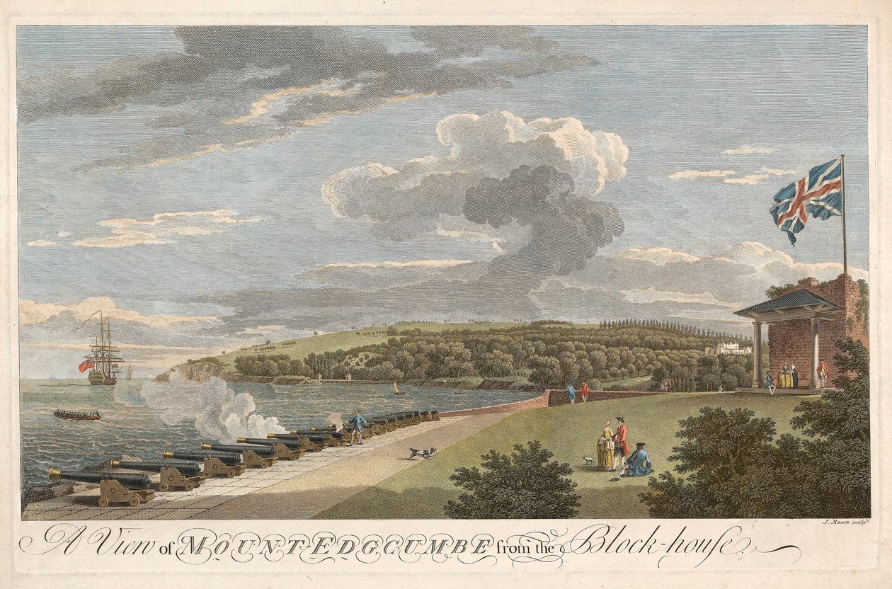 En vy av Mount Edgcumbe från Block House, pub. 1755. av Samuel Scott