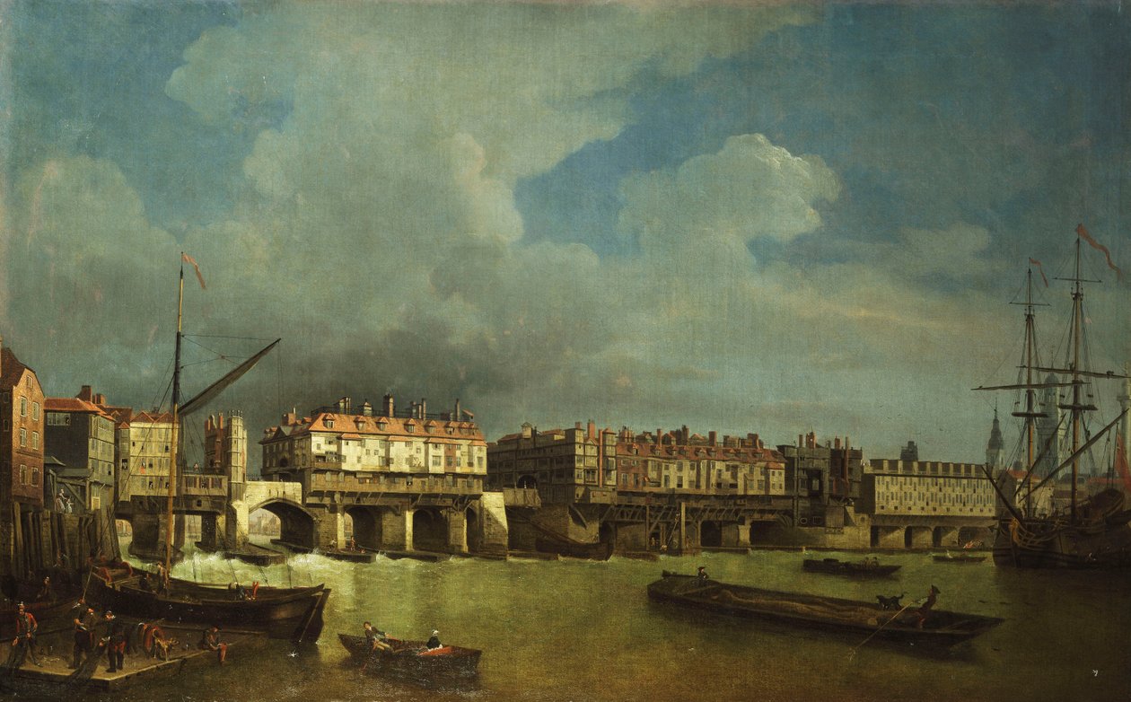 Utsikt över Old London Bridge med pråmar på Themsen, av Samuel Scott