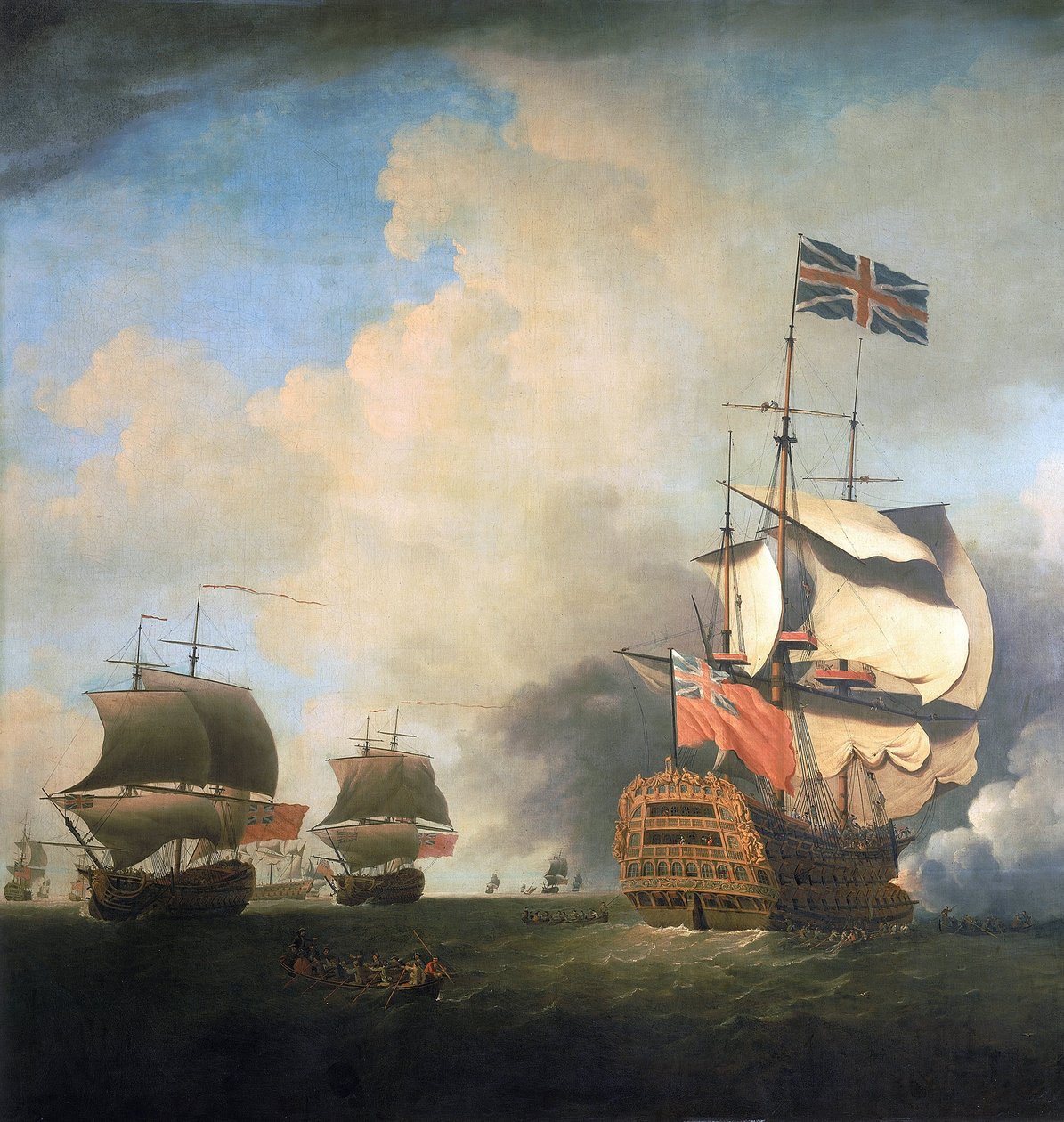Krigsfartyg från brittiska Royal Navy som manövrerar sina segel i vinden. Olja på duk, ca 1736, av Samuel Scott (1702-1772). av Samuel Scott