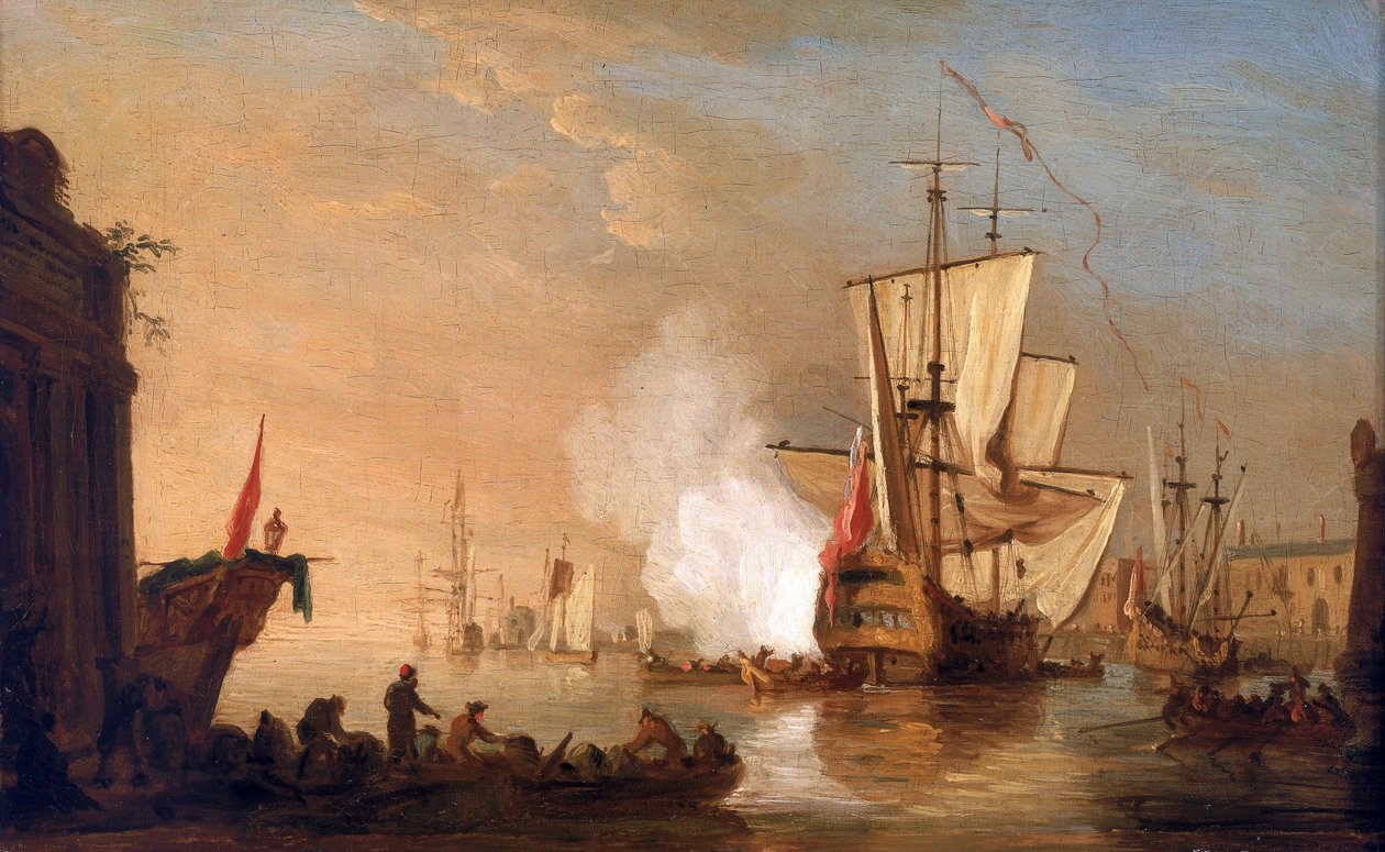 Brittiskt krigsfartyg avfyrar kanonen för att hälsa vid ankomsten till hamnen, vars byggnader påminner om en hamn i Medelhavet. Olja på duk, cirka 1765, av Samuel Scott (1702-1772). av Samuel Scott