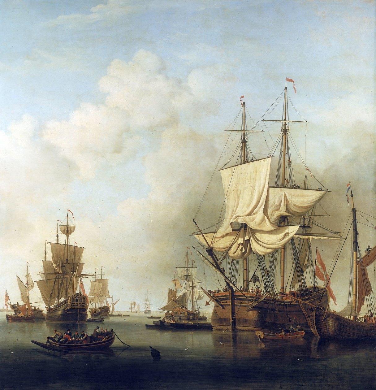 Danskt trätransportfartyg, i Themsens mynning, till Gravesend (England). Olja på duk av Samuel Scott