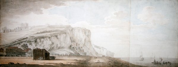 Dover Castle och Cliffs from the Shore (penna, penna och bläck och akvarell på papper) av Samuel Scott