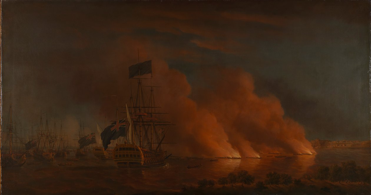 Franska eldflottar attackerar den brittiska flottan utanför Quebec, 28 juni 1759 av Samuel Scott