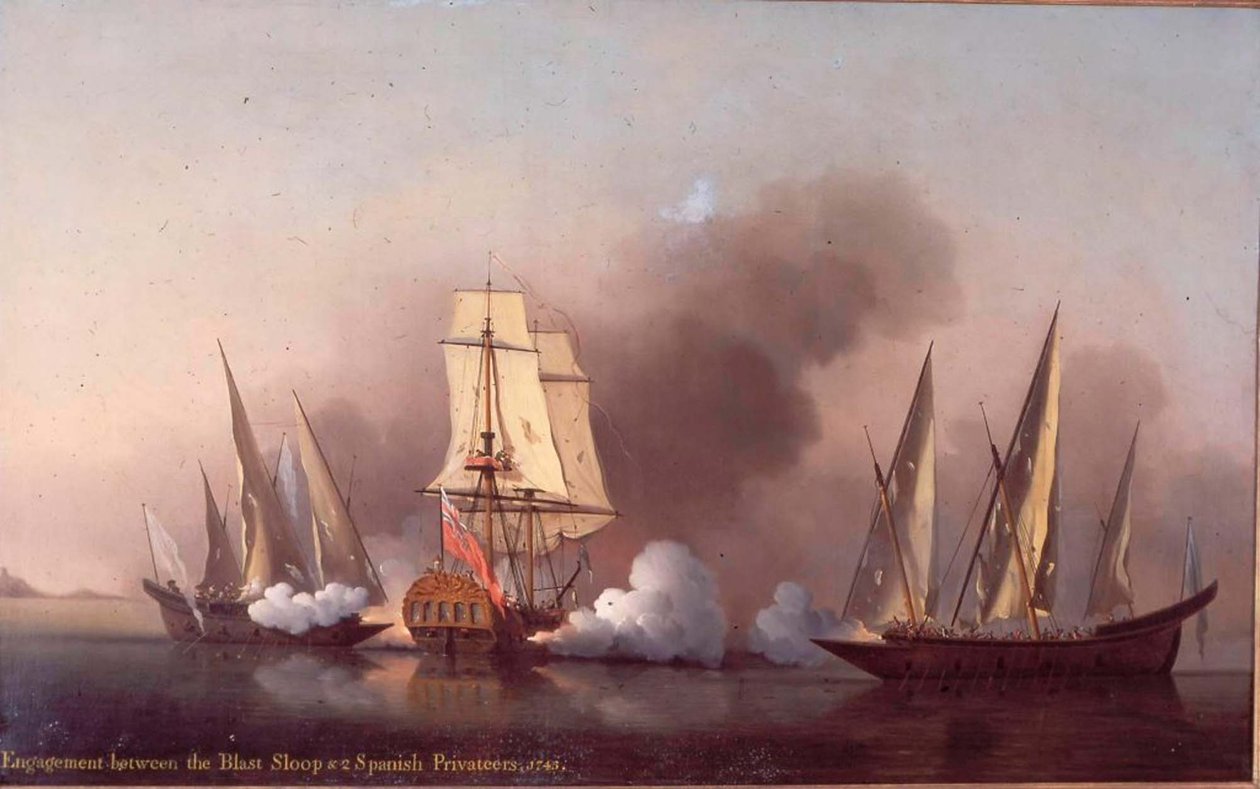 Förlovningen mellan Blast Sloop och två spanska kapare av Samuel Scott