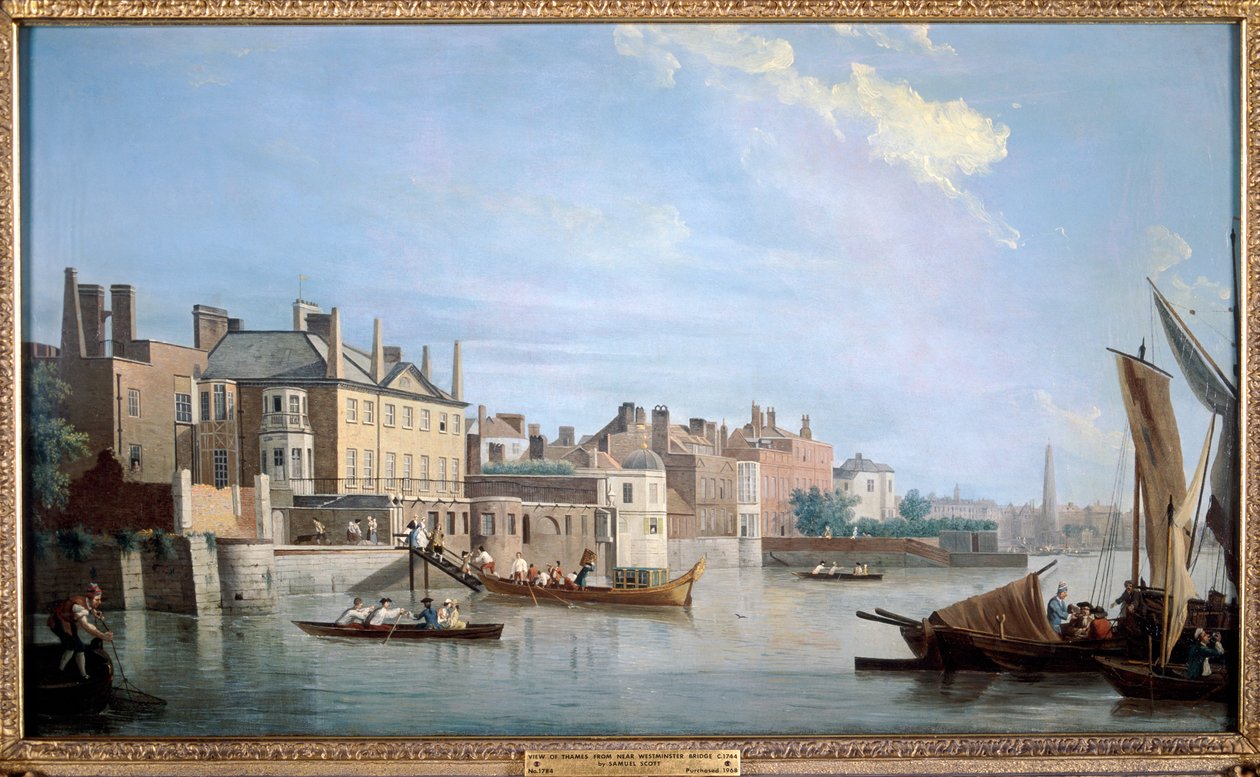 Themsen med Montagu House, nära Westminster Bridge, London, 1749 av Samuel Scott
