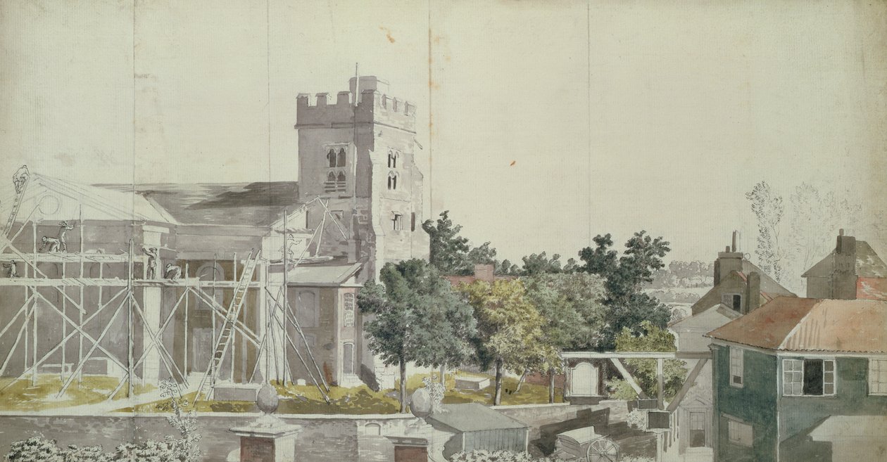 Twickenham Church under Scaffolding, 1700-talet (wc, penna och bläck på papper) av Samuel Scott