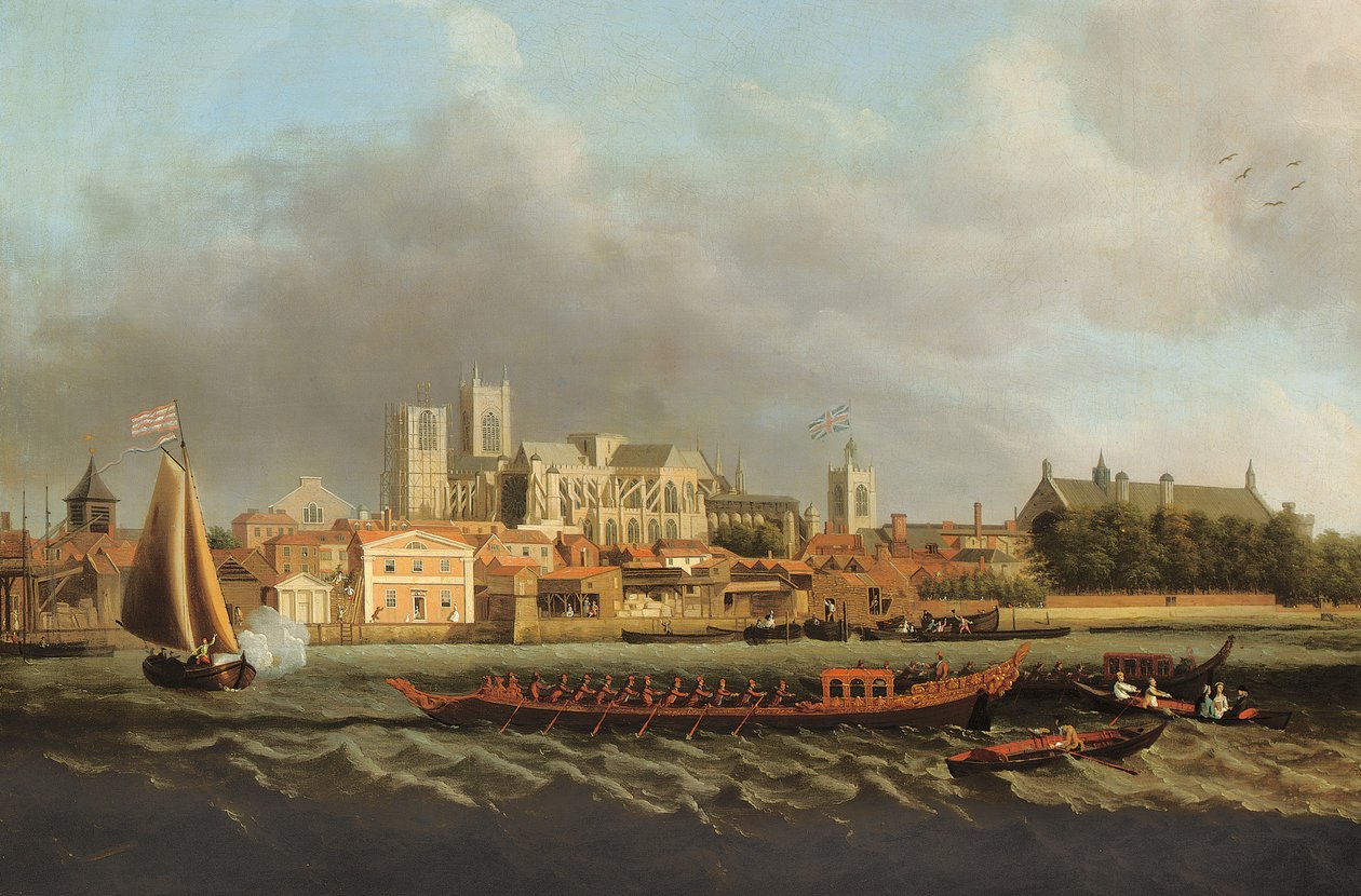 Vy över Westminster från Lambeth med en kunglig pråm i förgrunden av Samuel Scott