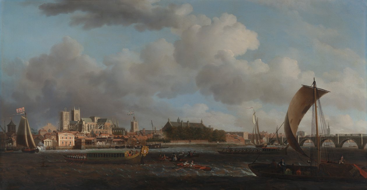 Westminster från Lambeth, med Ceremonial Barge of the Ironmongers