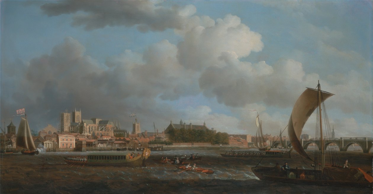 Westminster from Lambeth, with the Ceremonial Barge of the Ironmongers Company av Samuel Scott