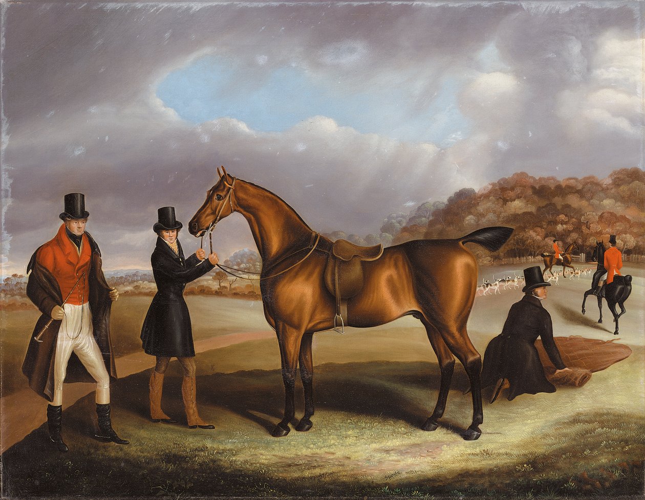 Lord George Bentinck med sin favoritjägare och brudgummar i ett landskap med en jakt bortom av Samuel Spode