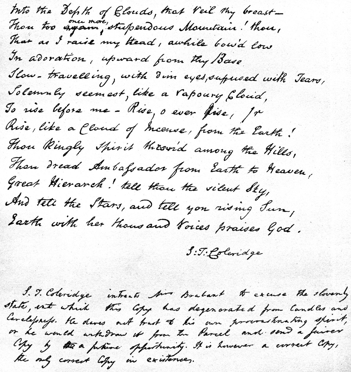 Sista raderna av Coleridges dikt Hymn before Sunrise in the Vale of Chamouni, skriven med poeternas egen handstil och skickad i ett brev till Mrs Brabant of Devizes, 1815 av Samuel Taylor Coleridge