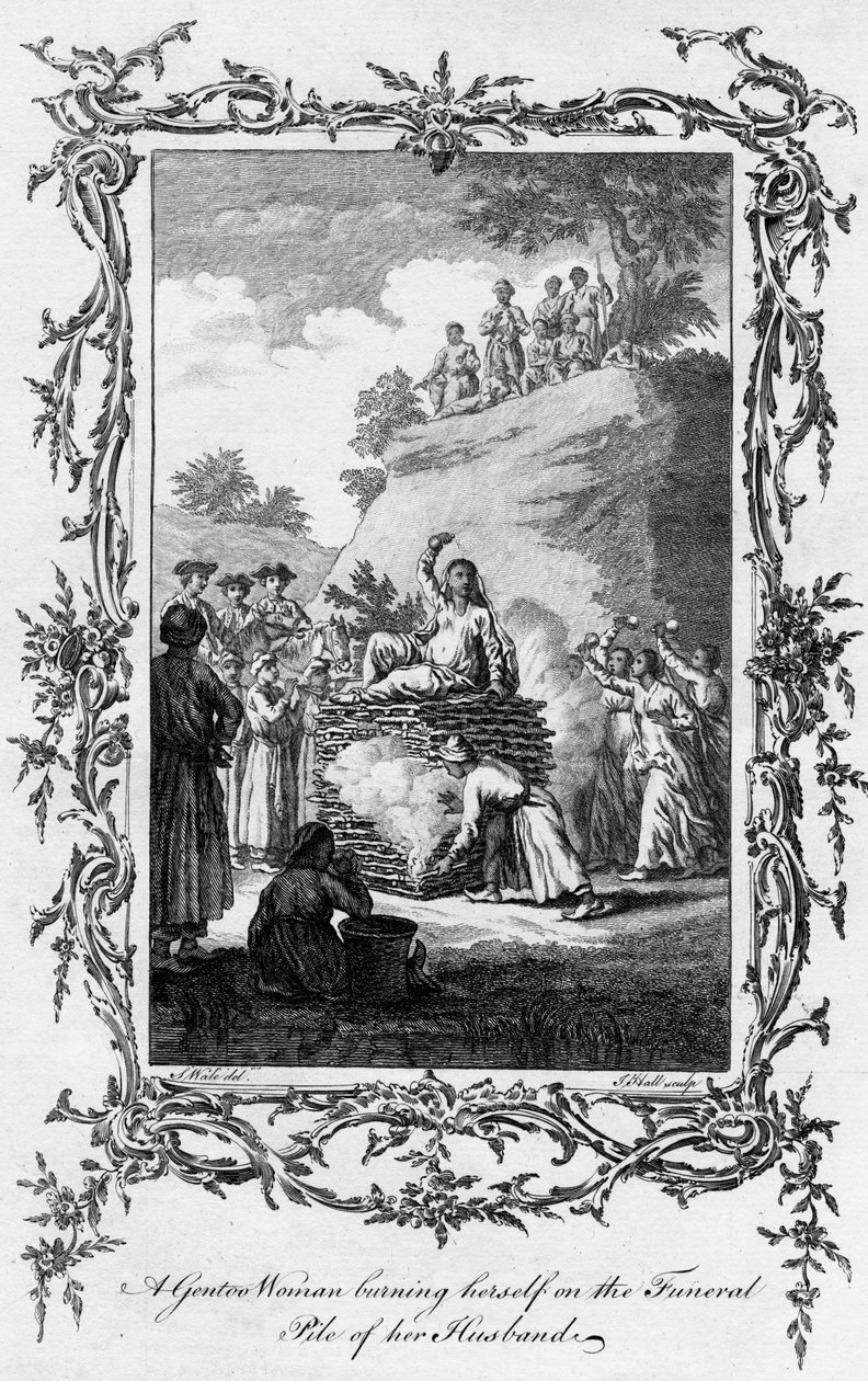 En Gentoo-kvinna som bränner sig på sin mans begravningshög, 1700-talet. av Samuel Wale