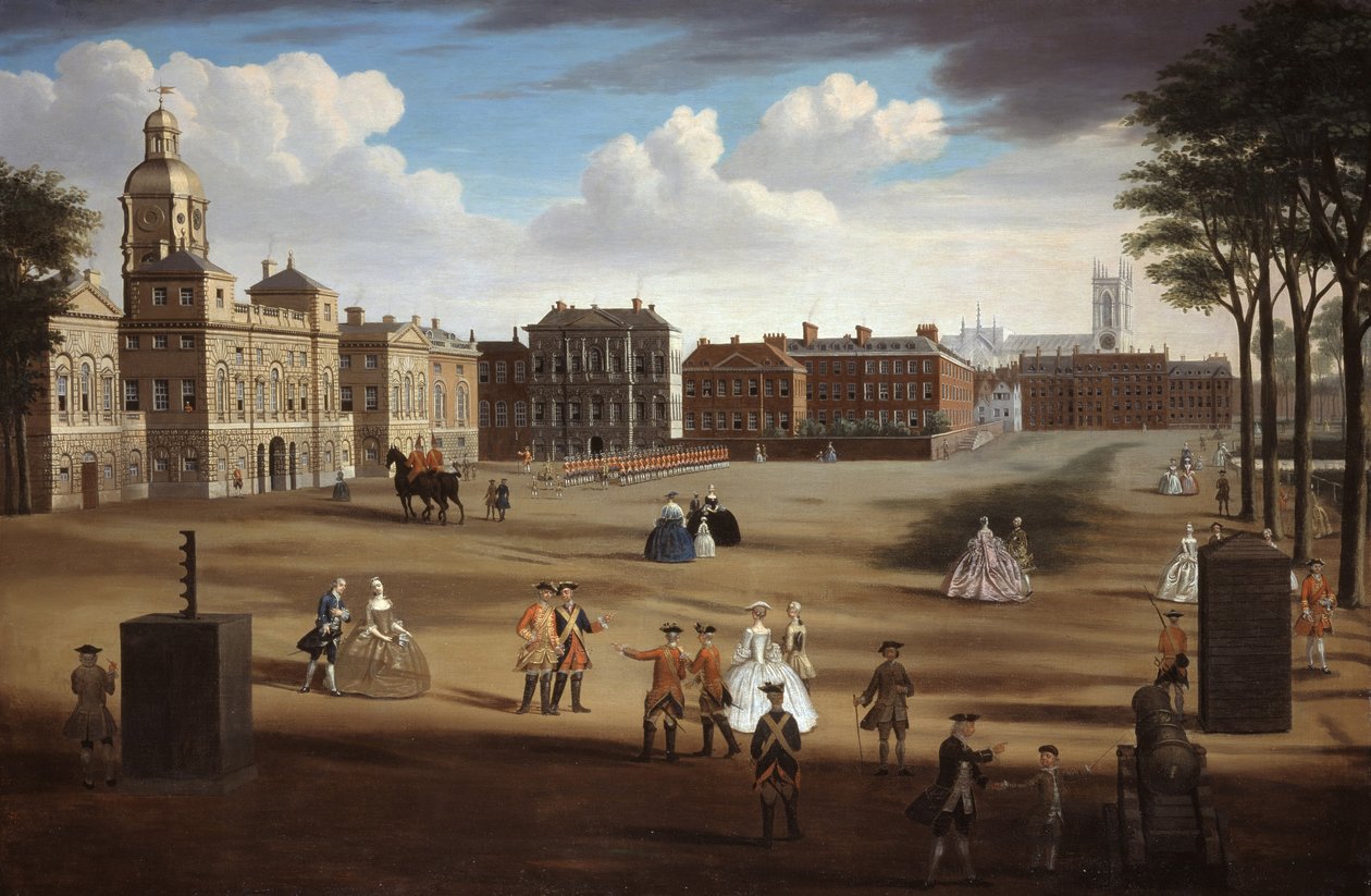 Vy över Horse Guards västra front med finansministeriet och Downing Street utanför, ca 1758 av Samuel Wale
