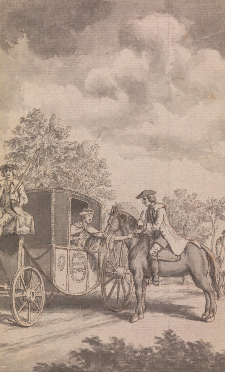 En illustration till Newgate-kalendern: Raby Hittar en kvinnas ring som är svår att dra av, skär av hennes finger, nära Finchley av Samuel Wale