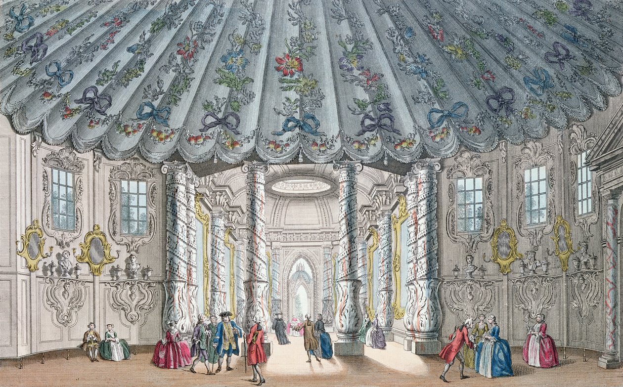 Interiörvy av det eleganta musikrummet i Vauxhall Gardens, graverad av H. Roberts, 1752 (handfärgad gravyr) av Samuel Wale