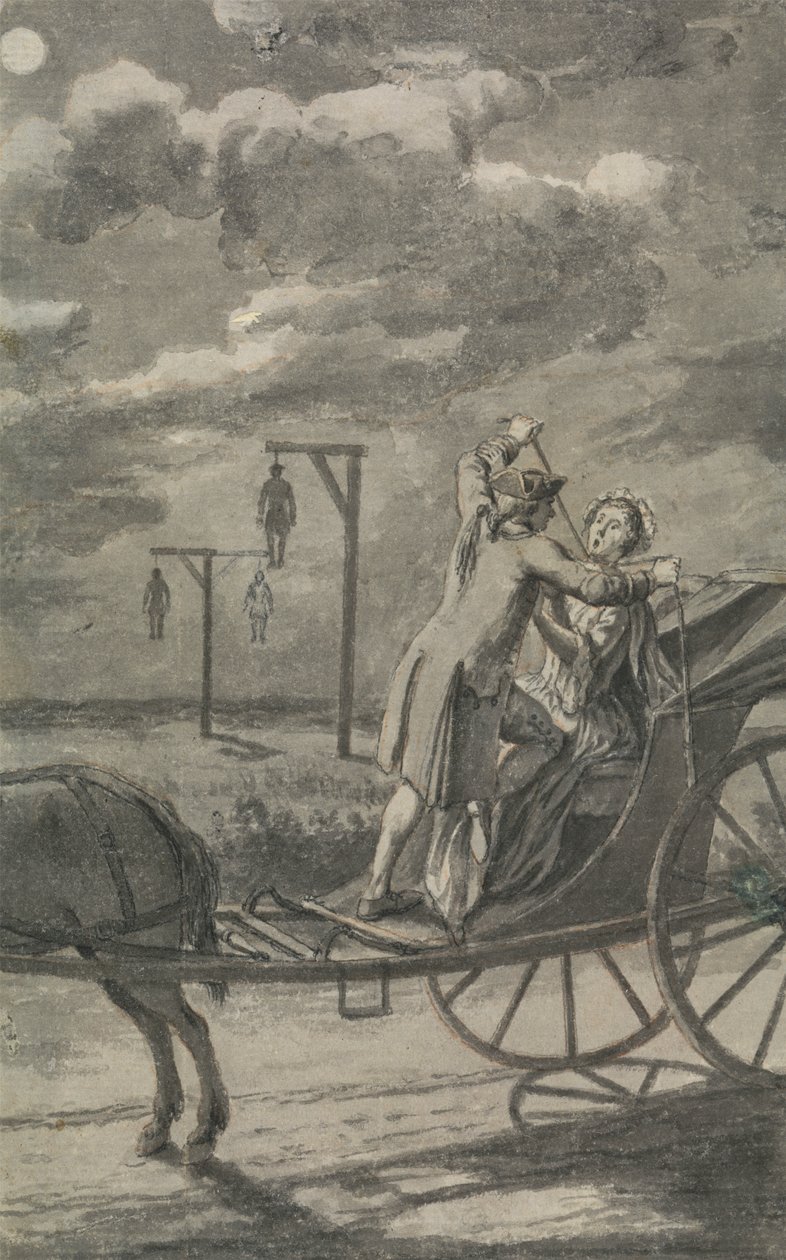 Murder in the Carriage (förmodligen en design för Tyburn Chronicle) av Samuel Wale
