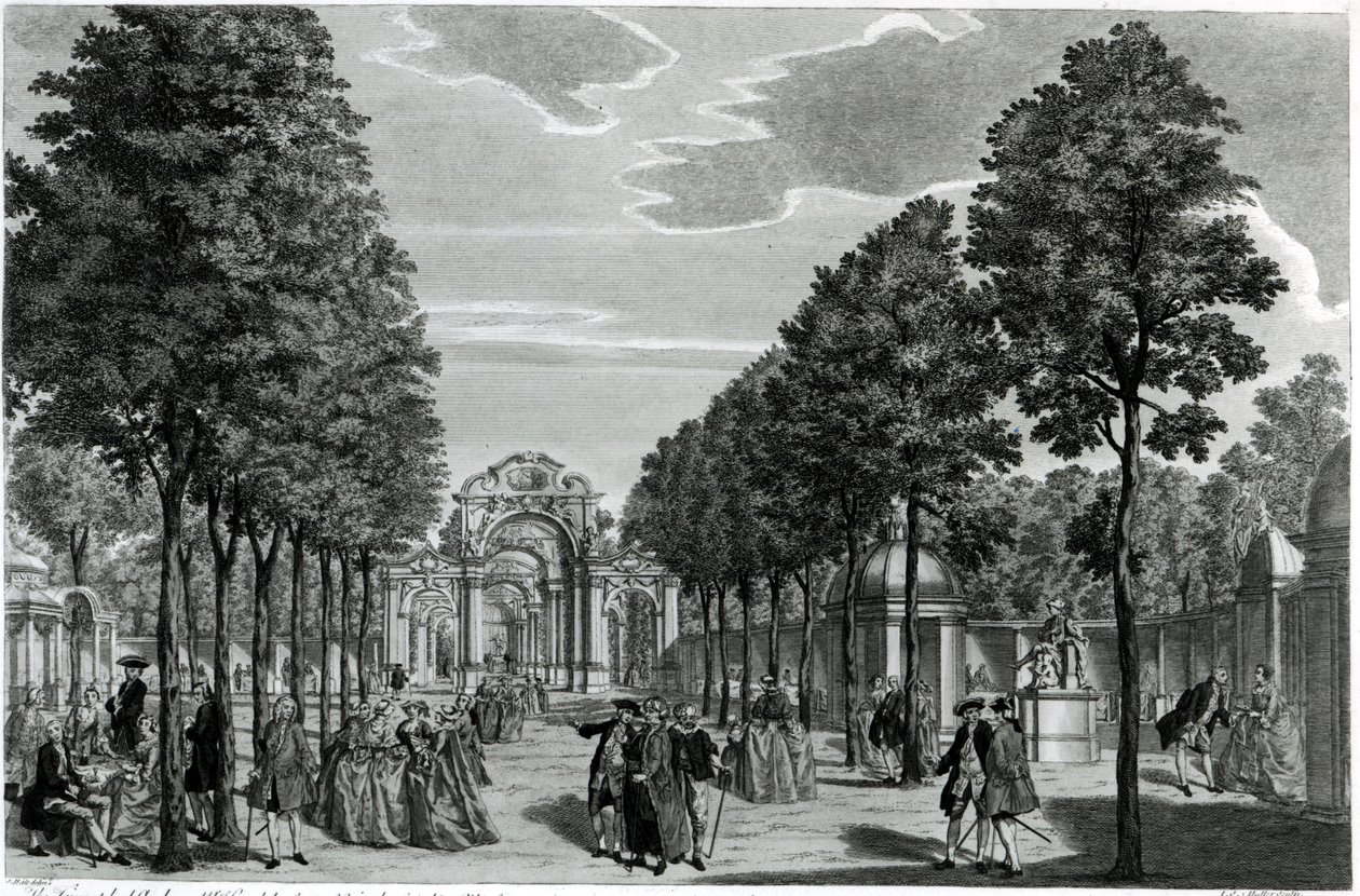 Triumfbågarna, Händels staty i Vauxhall Gardens södra promenadstråk, graverad av John S. Muller (handkolorerad etsning och gravyr) av Samuel Wale