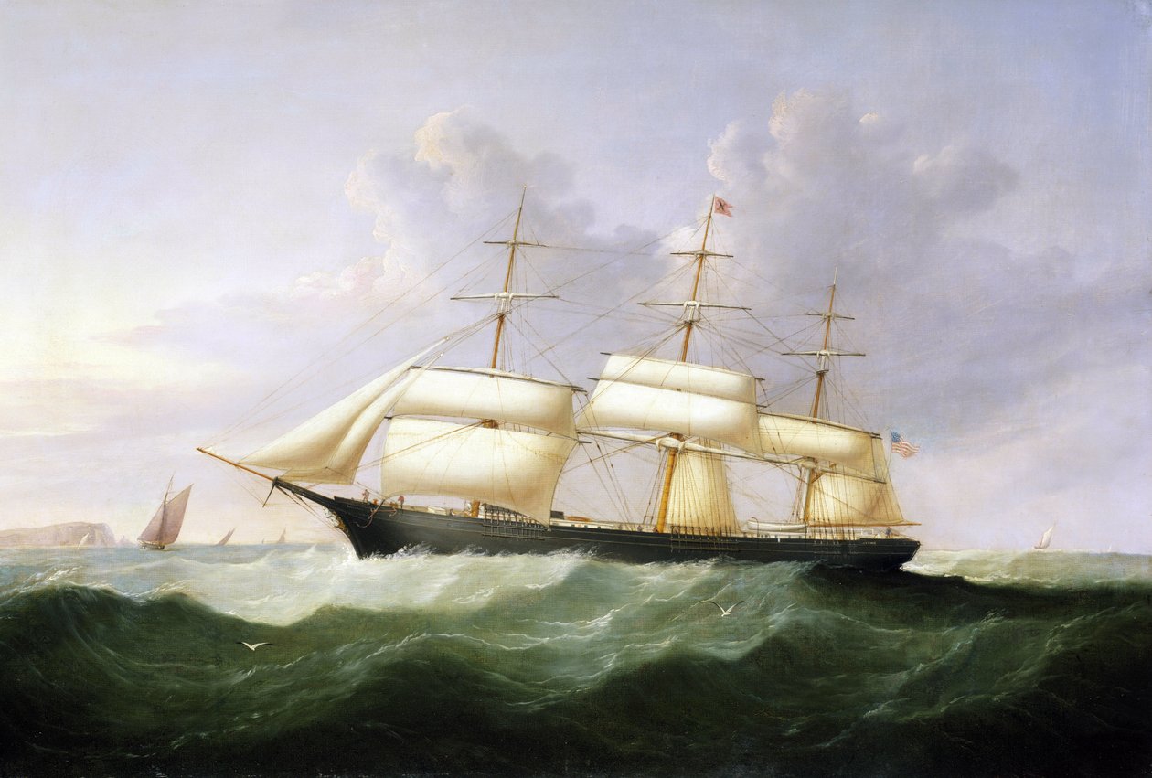 Fartyget "Palestine", med fulla segel, under Förenta staternas (USA) flagg, byggt 1854, avsett för passagerartransport på den transatlantiska linjen av Samuel Walters