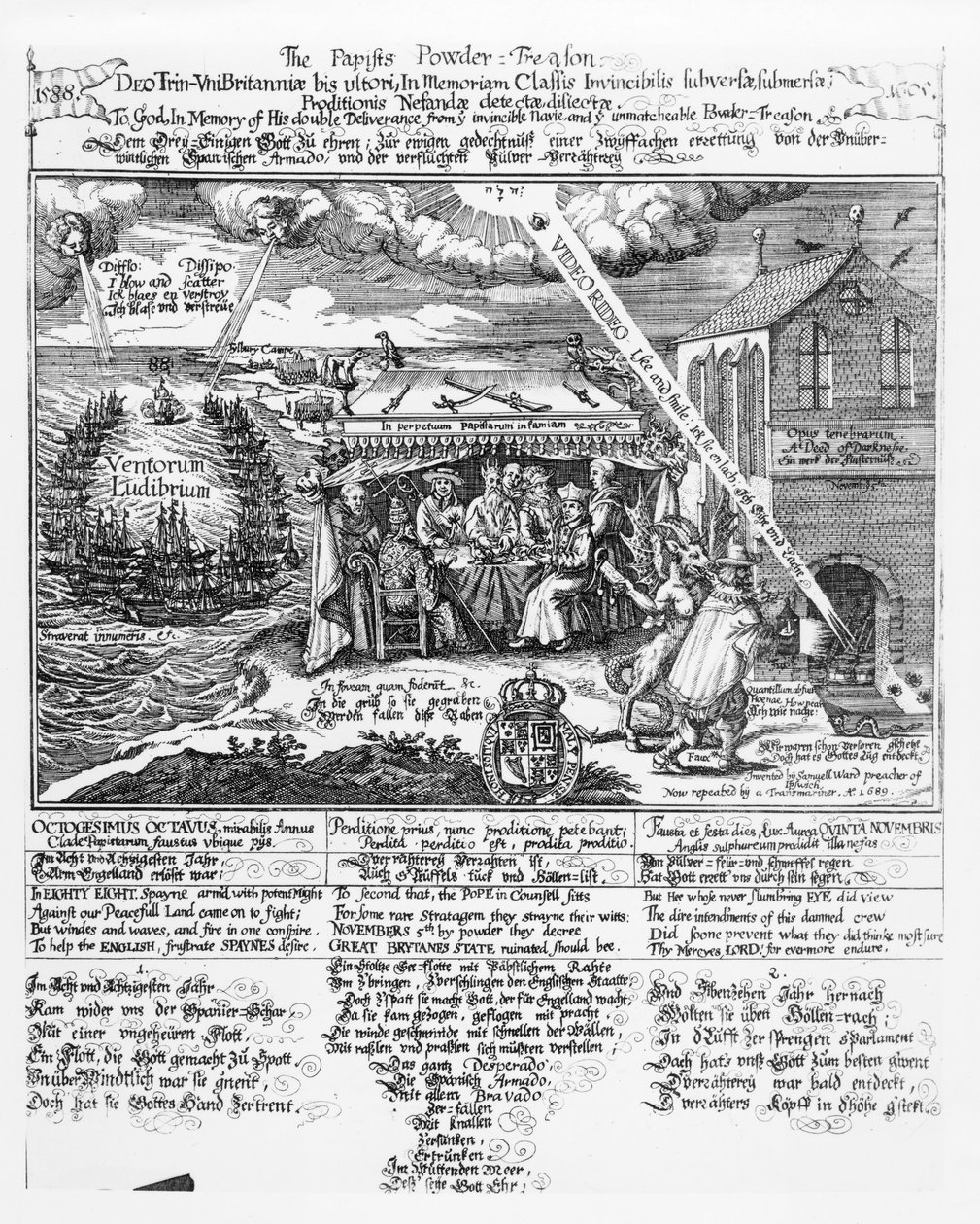 Till Gud, till minne av hans dubbla befrielse från den oövervinnelige flottan (1588) och det oöverträffade pulverförräderiet (1605), (gravyr) repr. av en Transmariner, 1689 (bundw foto) av Samuel Ward