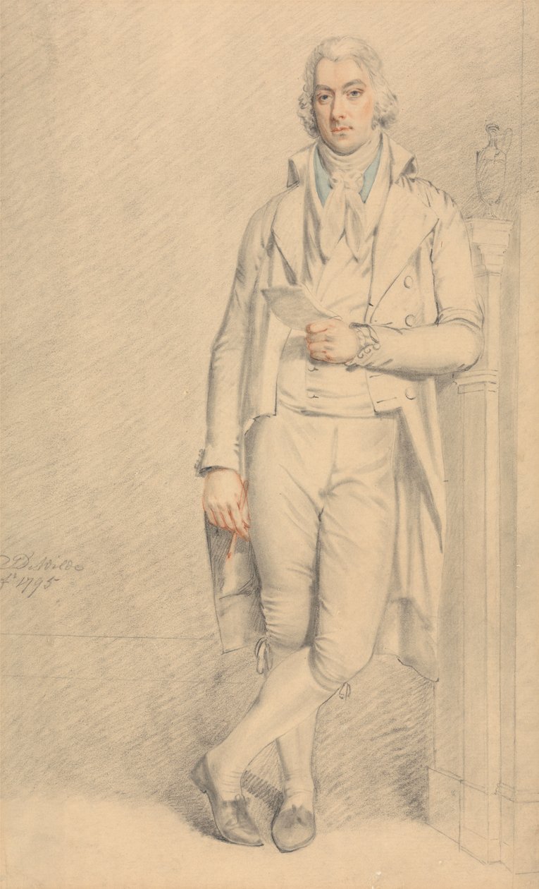 En gentleman, full längd, som håller ett papper och en penna av Samuel de Wilde