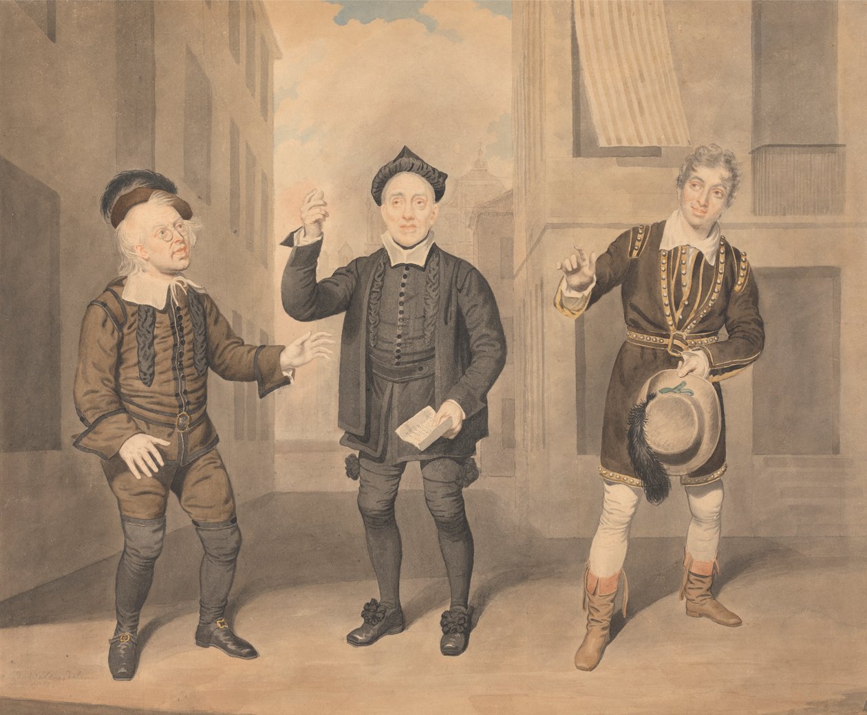 En scen ur en pjäs - tre skådespelare av Samuel de Wilde