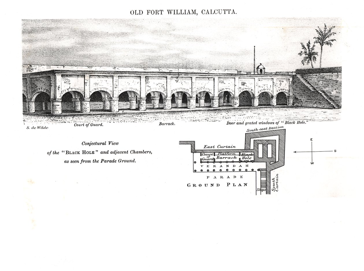 Gamla Fort William, Calcutta, med en förmodad vy av "svarta hålet" och angränsande kamrar sett från paradplatsen av Samuel de Wilde
