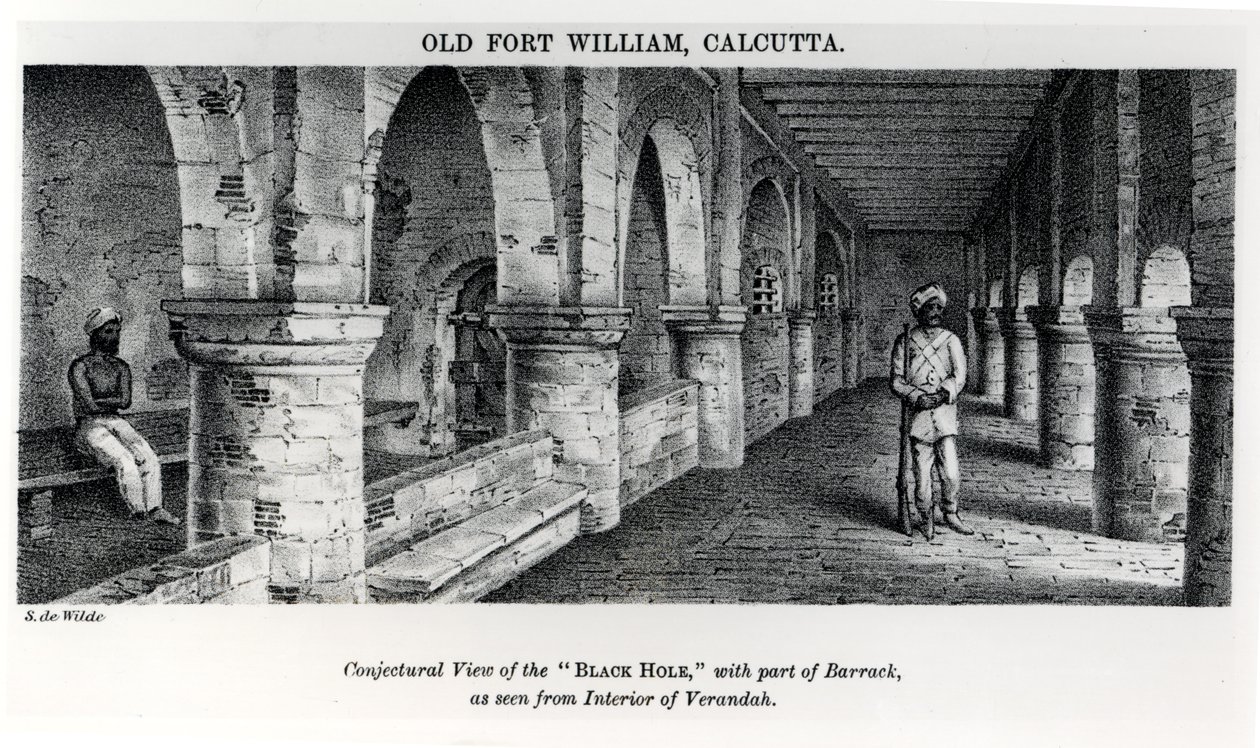 Gamla Fort William, Calcutta, med en förmodad vy av det "svarta hålet", med en del av baracken, sett från verandans inre av Samuel de Wilde