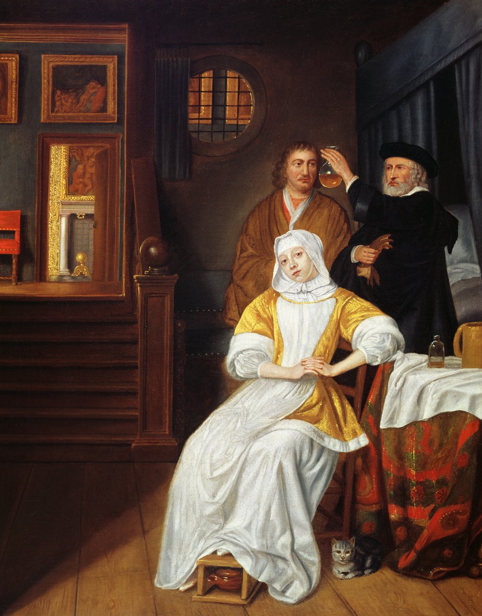En läkare besöker en ung kvinna i ett sovrum av Samuel van Hoogstraten