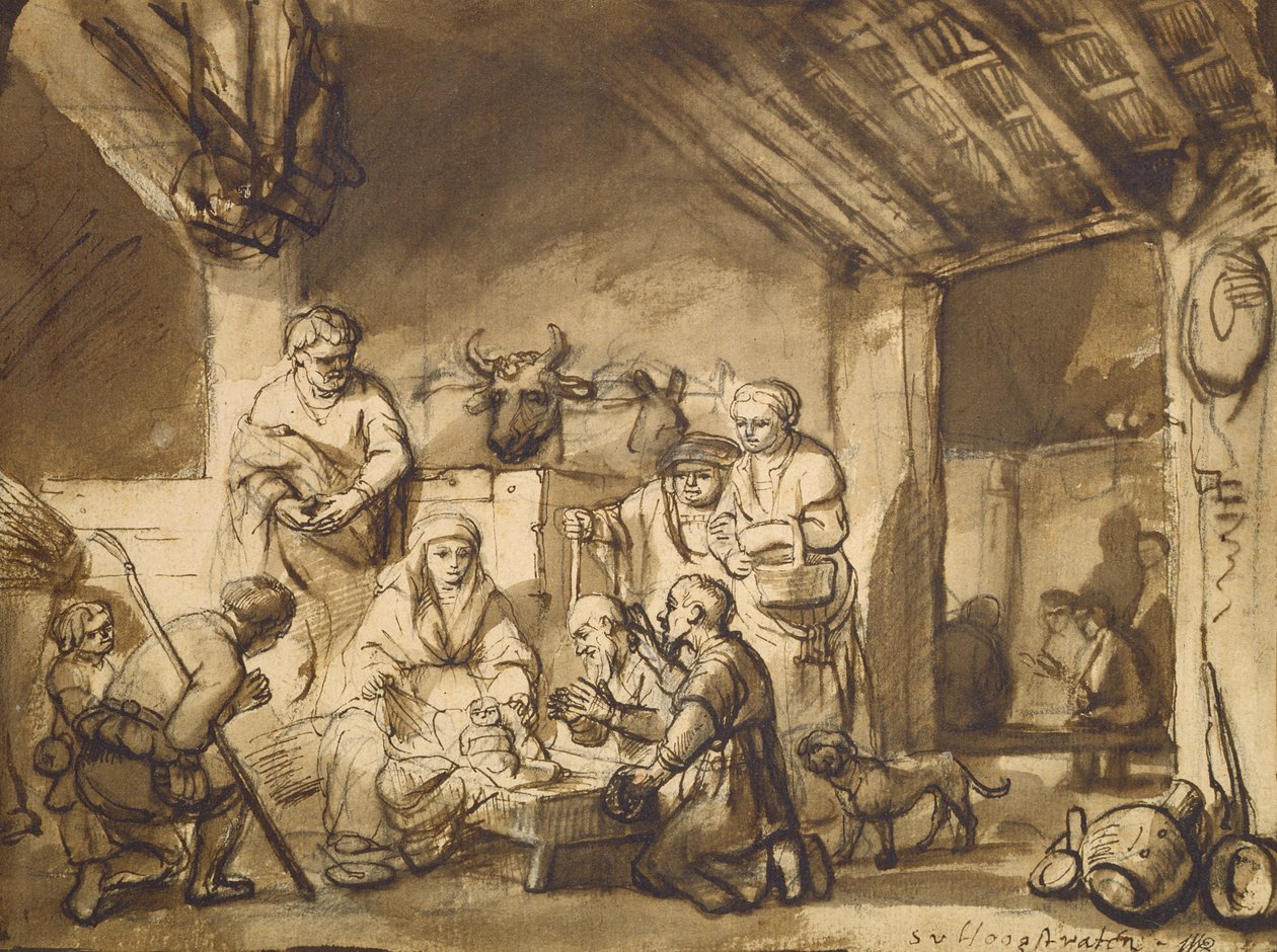 Adoration of the Shepherds, c.1646 (penna och pensel och penna på papper) av Samuel van Hoogstraten
