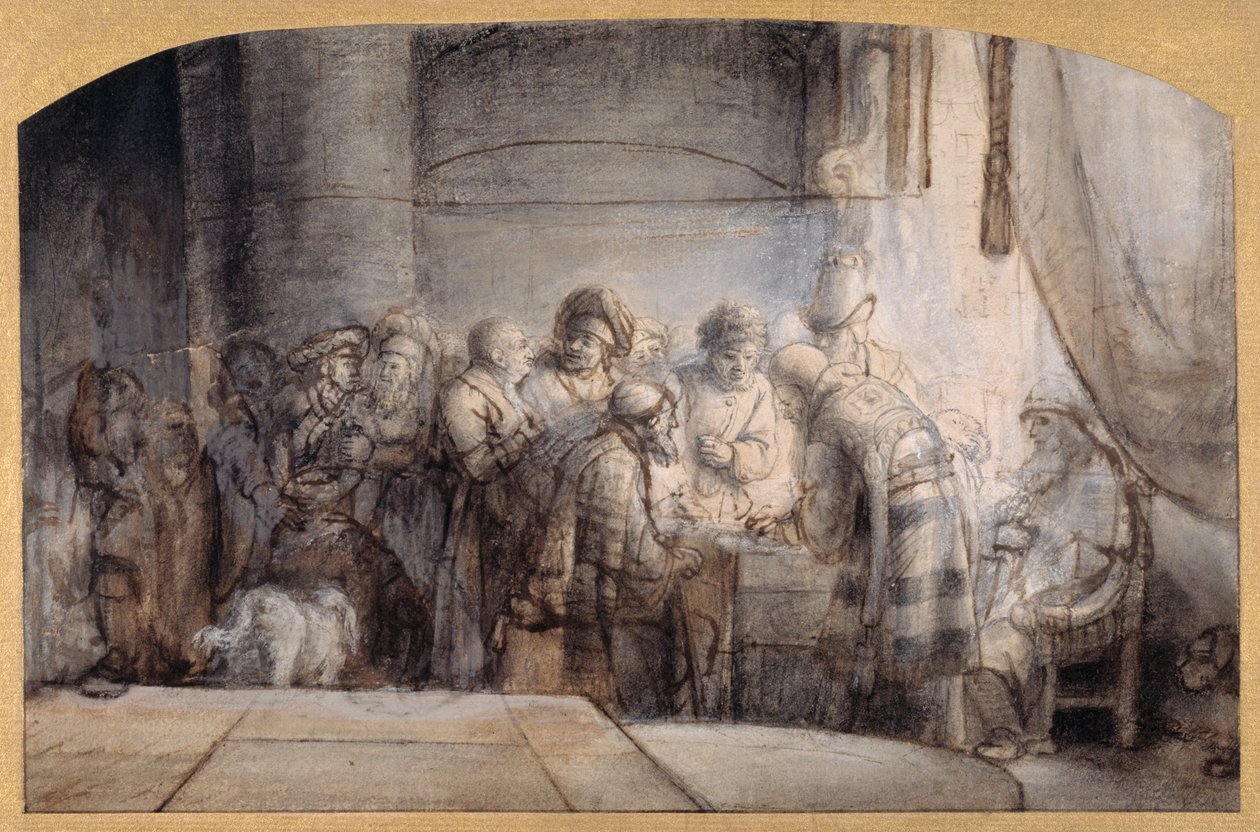 Judas tar emot de trettio silverbitarna, ca 1640 (penna och bläck över röd krita över tvätt på papper) av Samuel van Hoogstraten