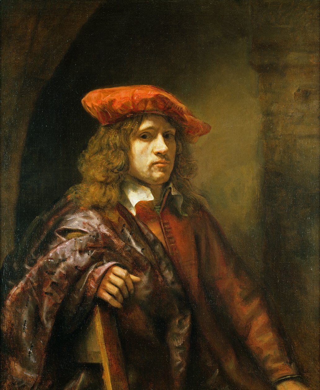 Porträtt av en ung man med röd keps av Samuel van Hoogstraten