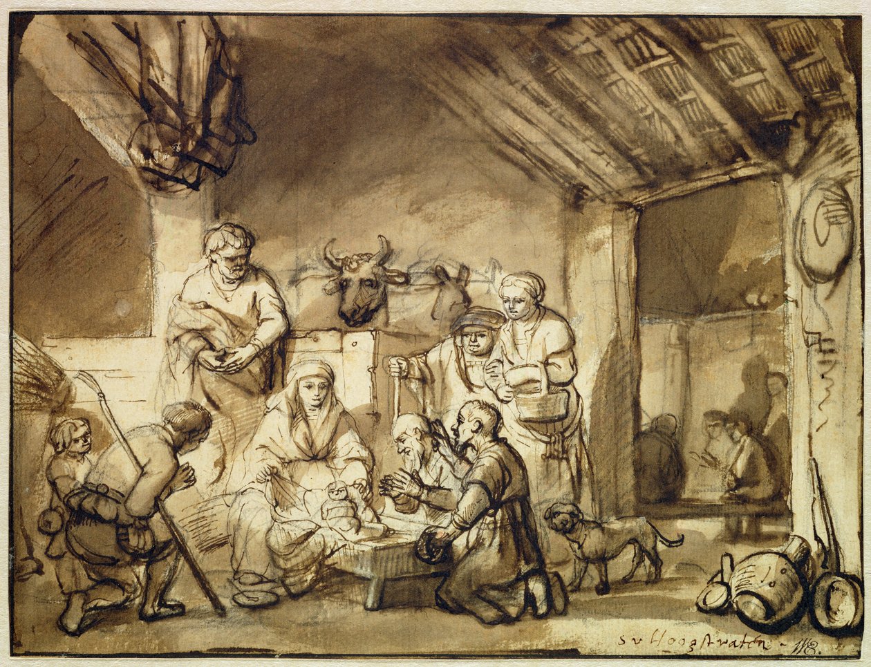 The Adoration of the Shepherds (penna och bläck tvättas över svart krita på papper) av Samuel van Hoogstraten