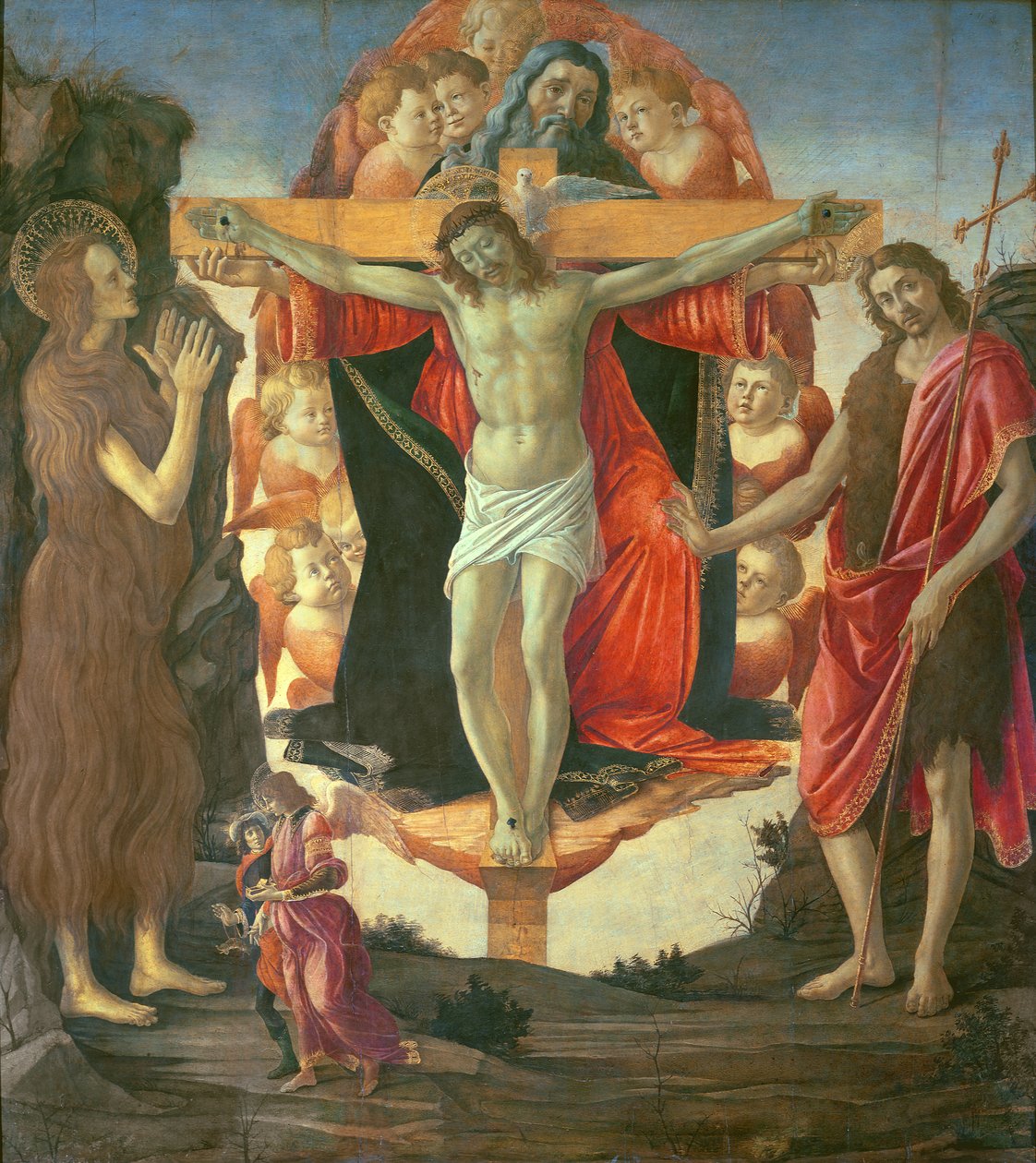 Den heliga treenigheten med Johannes Döparen, Maria Magdalena, Tobias och ängeln, ca 1490-95 (tempera på panel) av Sandro Botticelli