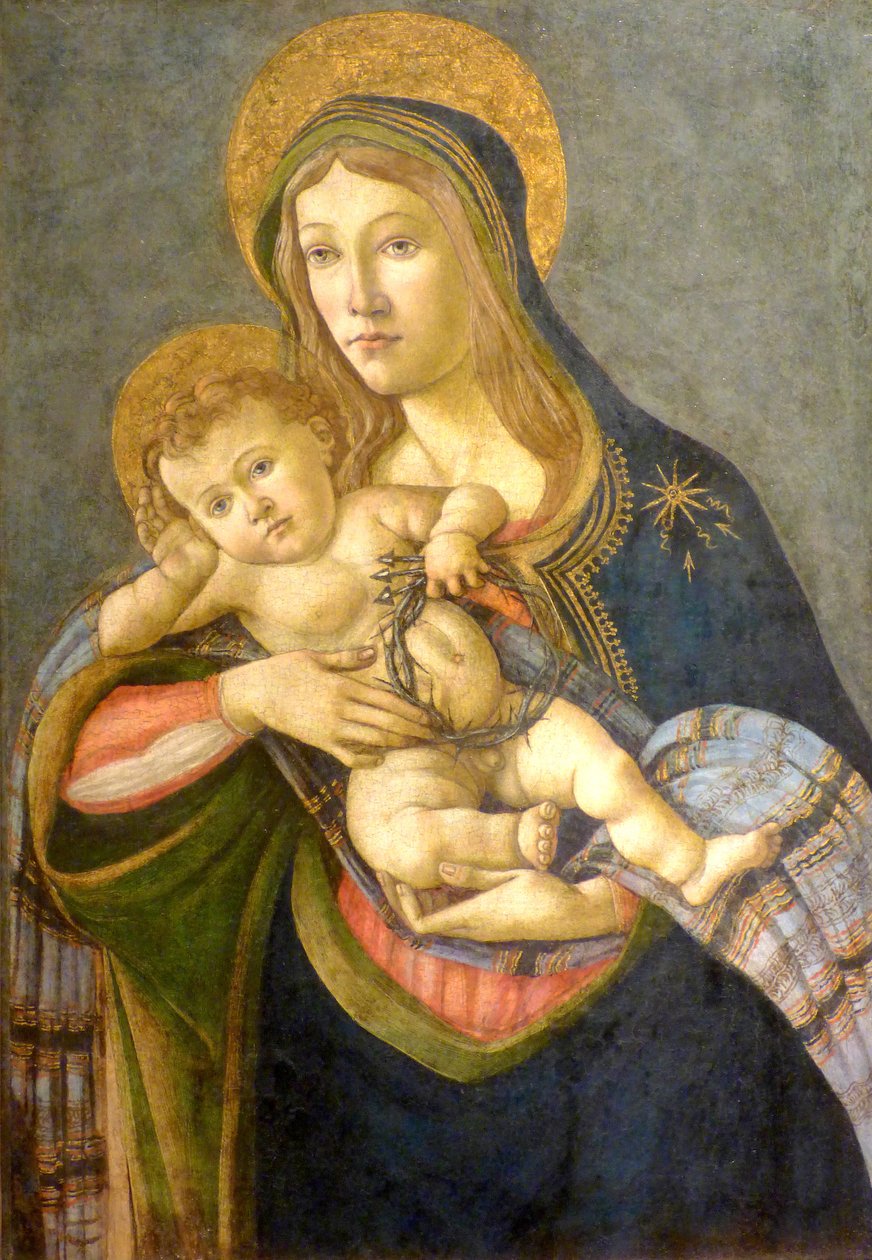 : La Virgen y el Niño con la corona de espinas y tres clavos av Sandro Botticelli