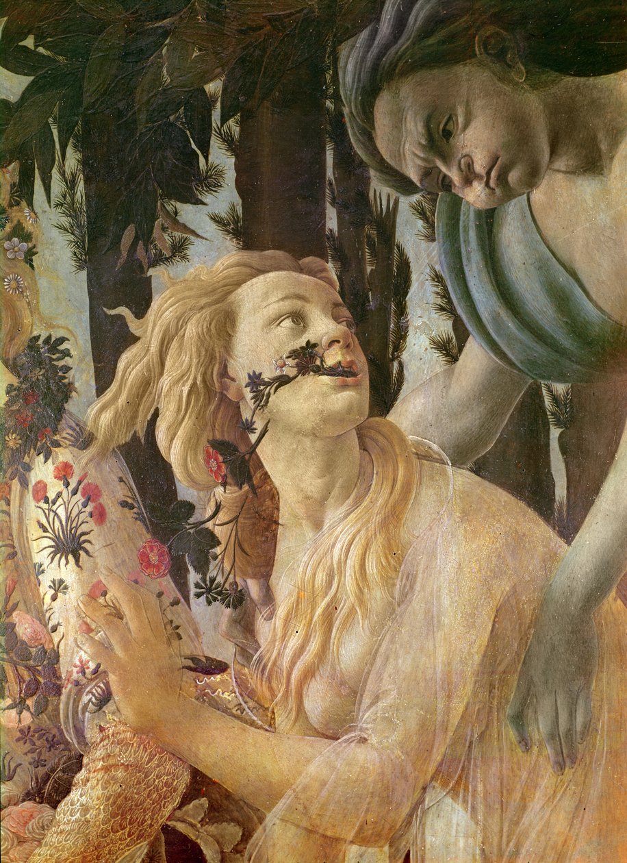Allegory of Spring, detalj av Zephyrs och Floras huvuden, c.1478 tempera på trä av Sandro Botticelli