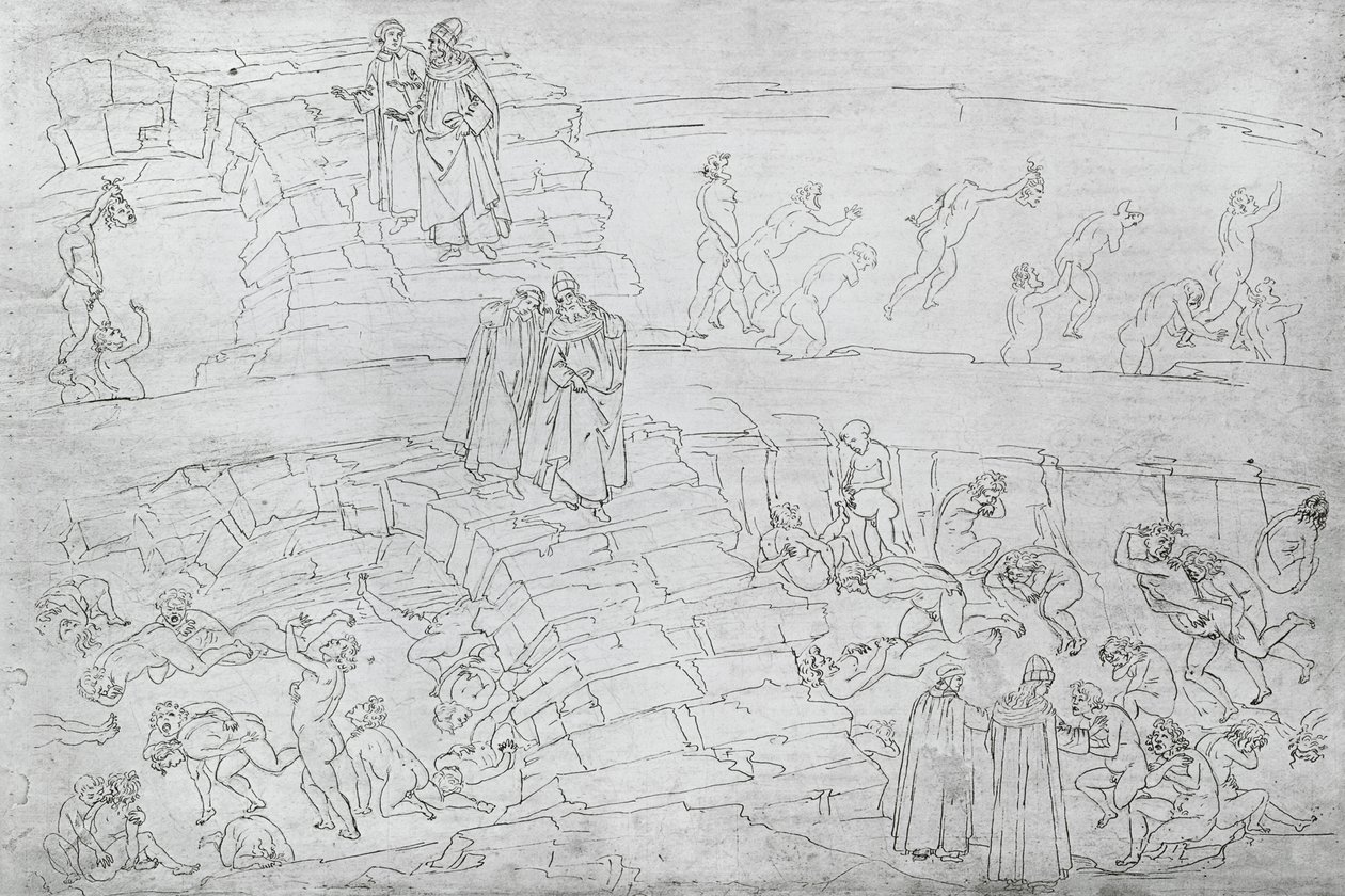 Dante och Vergilius (70-19 f.Kr.) från "Den gudomliga komedin" av Dante Alighieri (1265-1321) ca 1480 av Sandro Botticelli