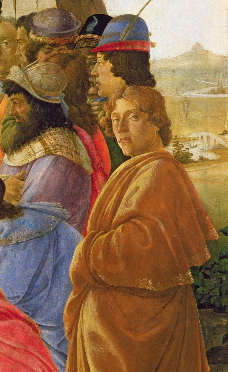 Detalj av tillbedjan av Magi (tempera på panel) (se även 395) av Sandro Botticelli