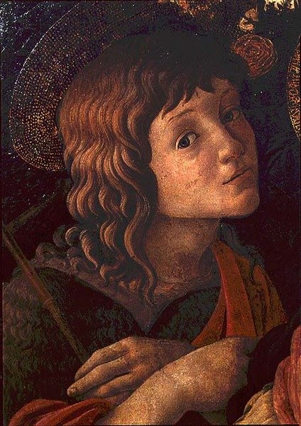 Madonna och barn med Johannes Döparen, detalj av det unga helgonet av Sandro Botticelli