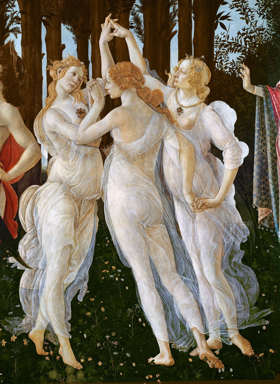 Primavera, detalj av de tre gracerna, 1478 tempera på panel av Sandro Botticelli